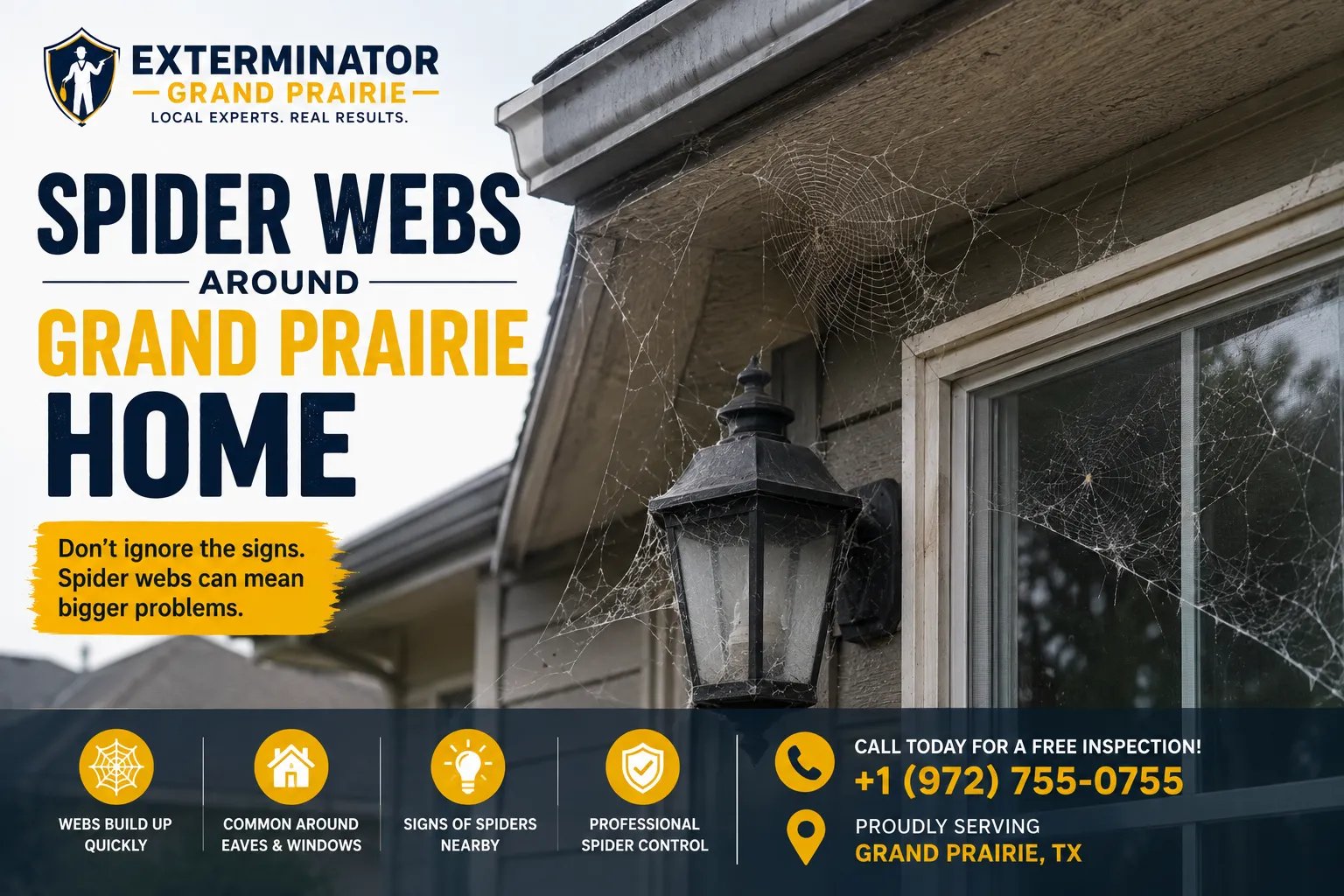 Spider webs around Grand Prairie TX home
