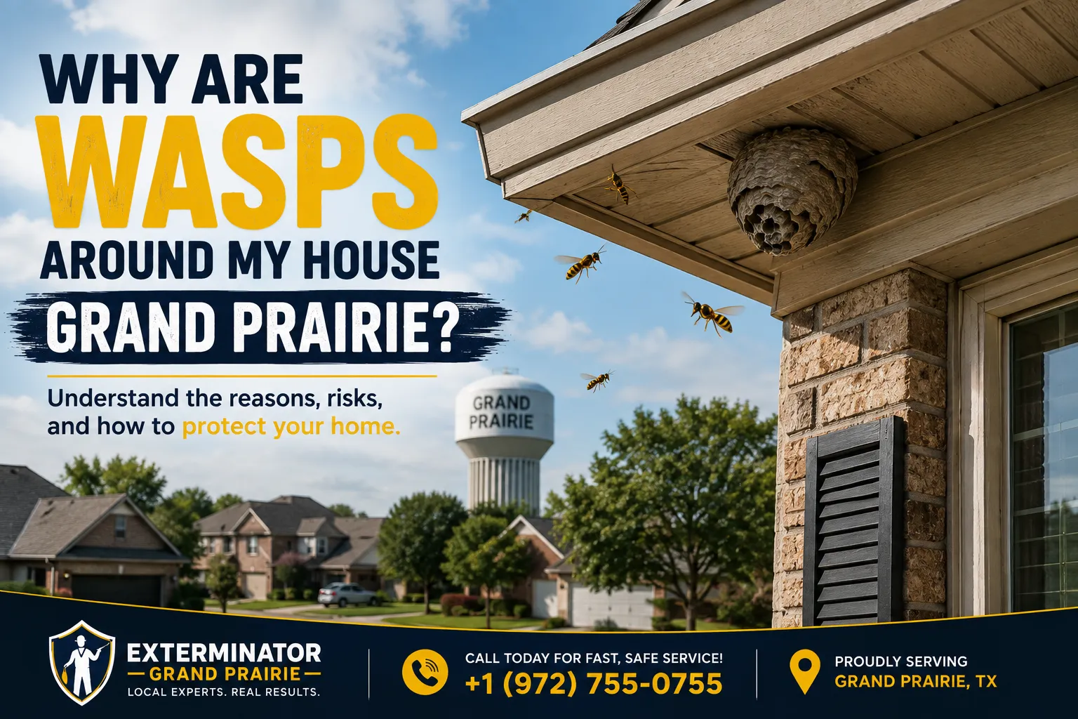 Wasp building nest around house in Grand Prairie TX neighborhood