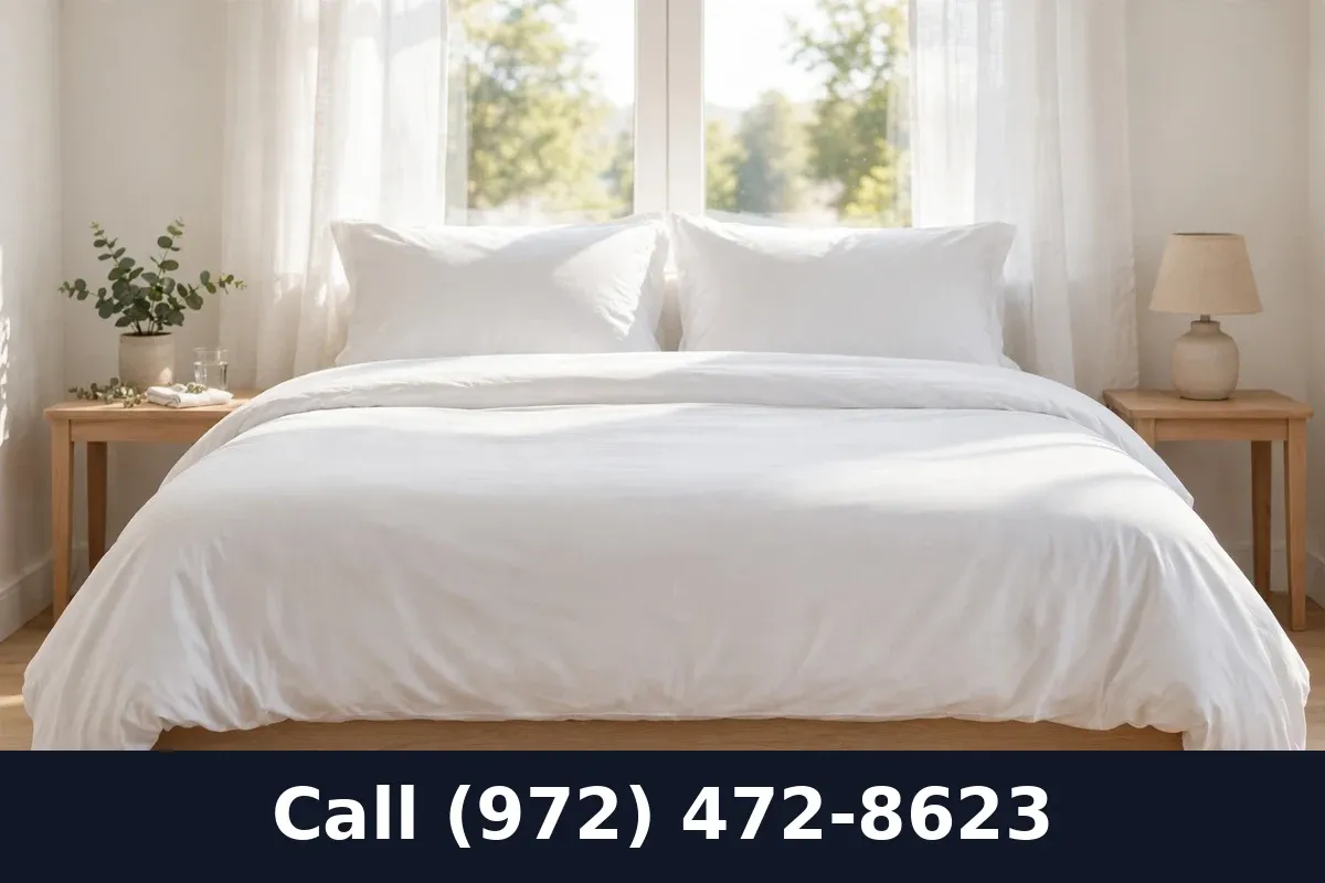 Clean bed with fresh white linens after professional bed bug treatment in Grand Prairie TX
