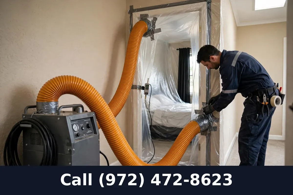 Professional bed bug heat treatment equipment set up in a Grand Prairie TX bedroom