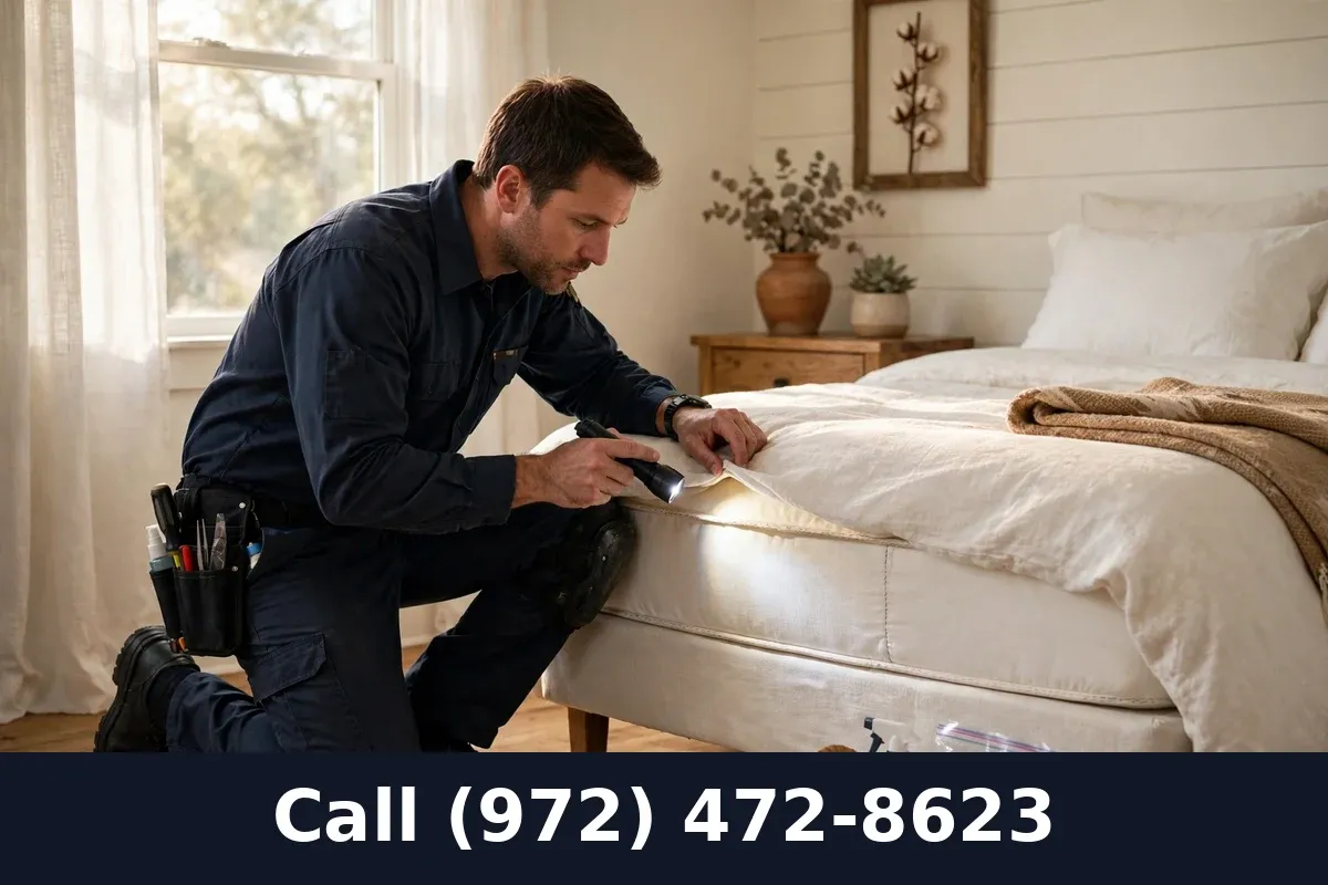Pest control technician inspecting a mattress seam for bed bugs in a Grand Prairie TX bedroom