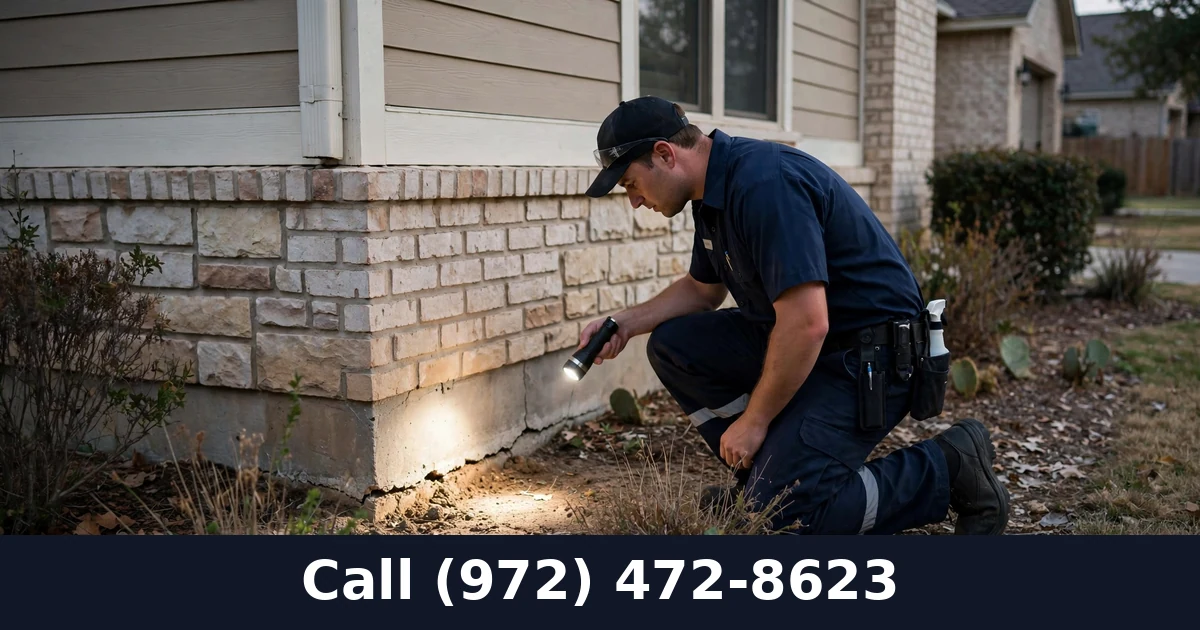 Pest control technician inspecting a home foundation with a flashlight in Grand Prairie TX