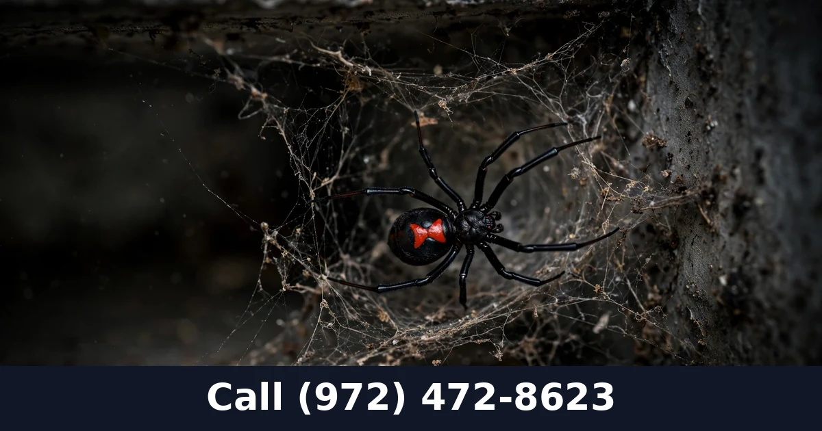 Black widow spider with red hourglass marking on its web in a dark Grand Prairie TX corner