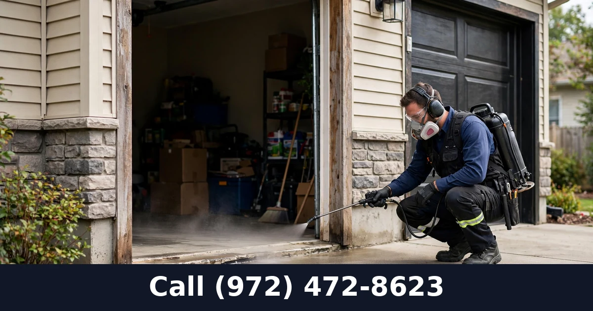 Technician applying spider treatment spray around a garage doorway in Grand Prairie TX