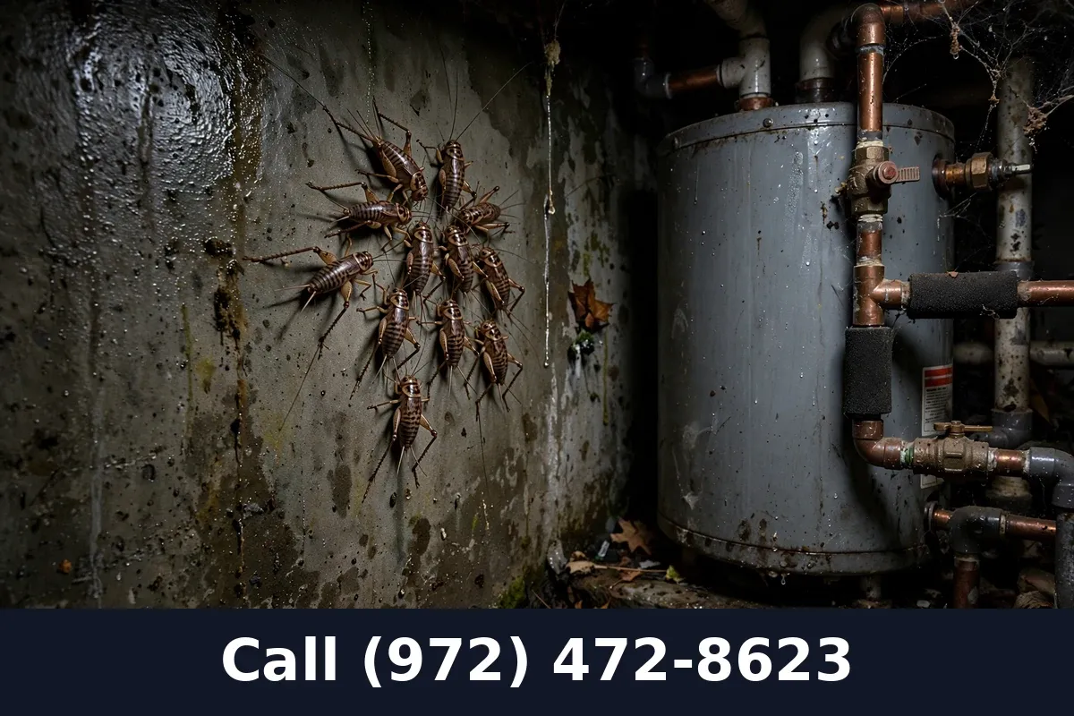 Camel crickets clustered on a damp basement wall, a warning sign in Grand Prairie TX homes