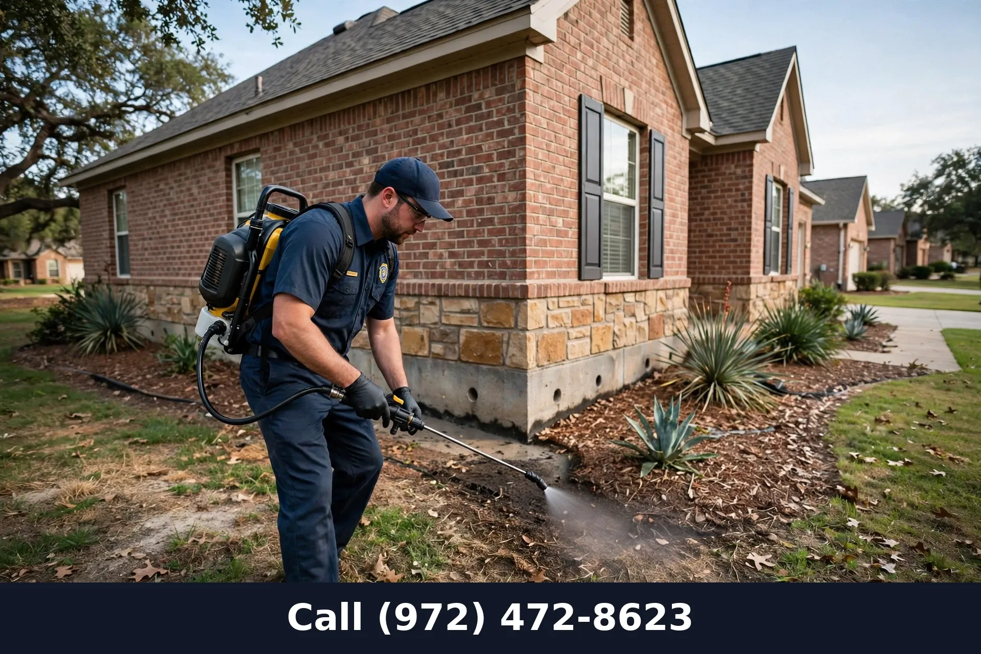 Professional pest technician applying perimeter treatment around a Grand Prairie TX home