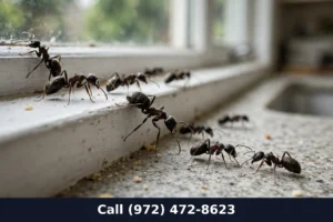 Large black carpenter ants trailing along a kitchen windowsill in Grand Prairie TX