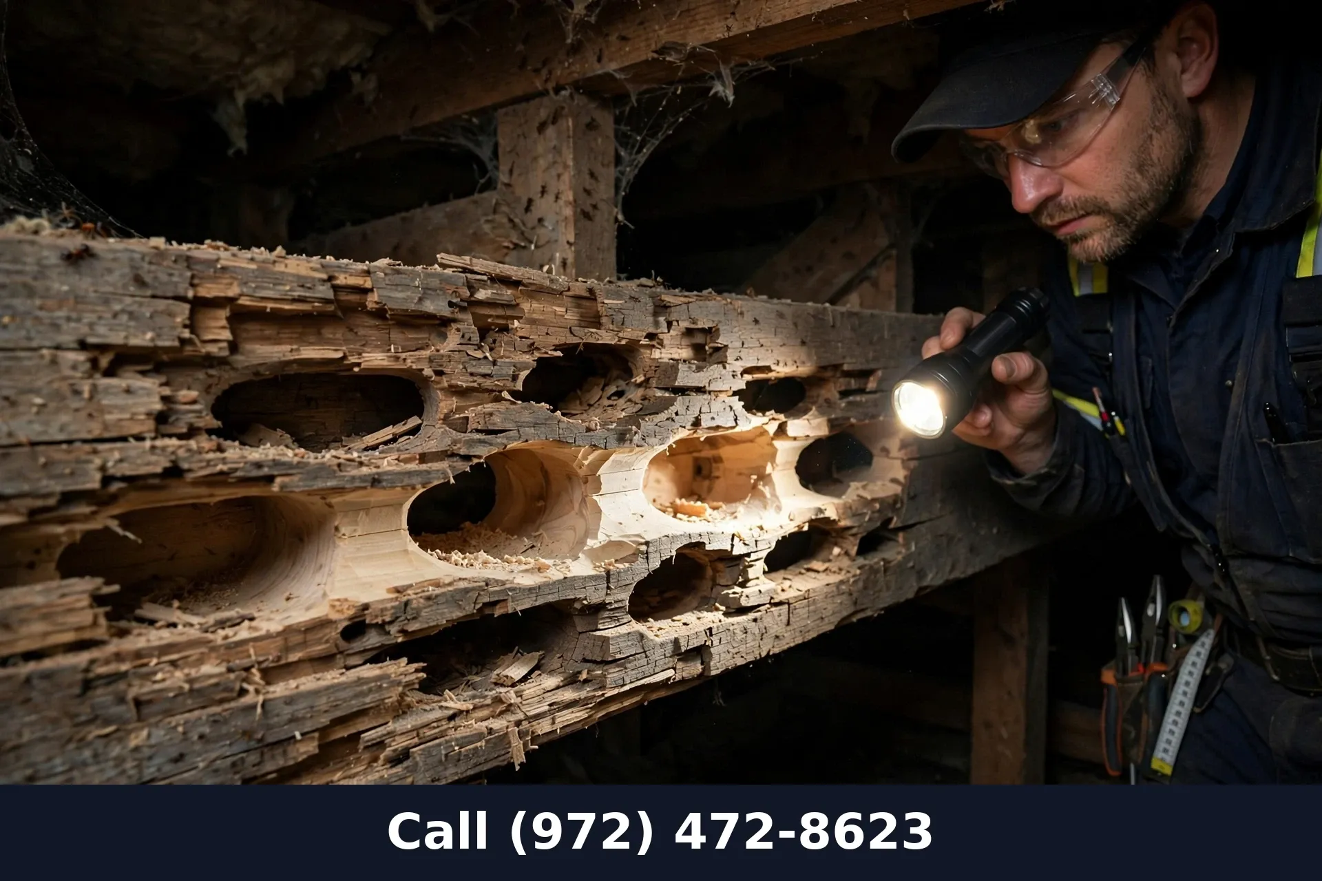 Carpenter ant galleries in damaged wood beam inspected with flashlight in Grand Prairie TX