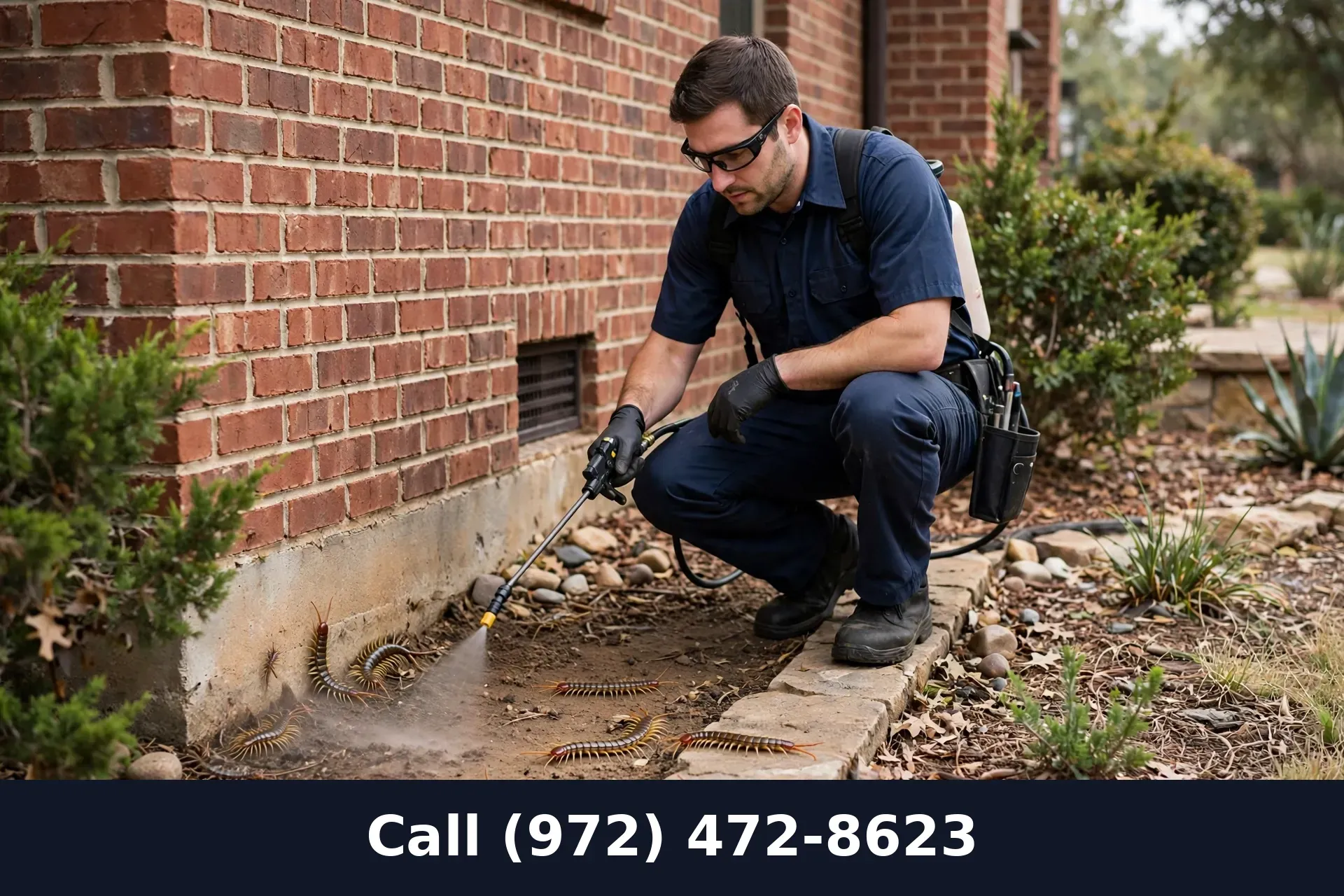 Professional pest technician applying perimeter treatment around a Grand Prairie TX home foundation