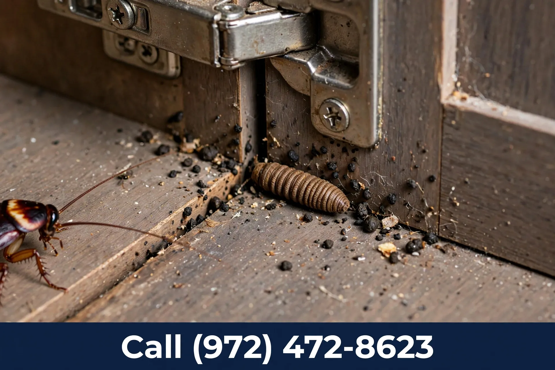 Cockroach droppings and egg case found on a cabinet hinge in Grand Prairie TX