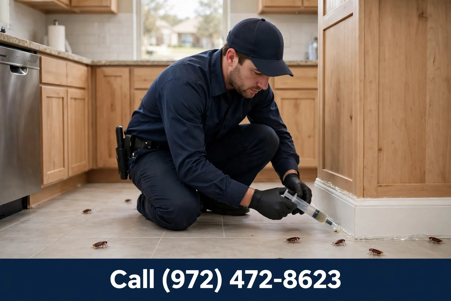 Professional cockroach treatment being applied in a Grand Prairie TX kitchen