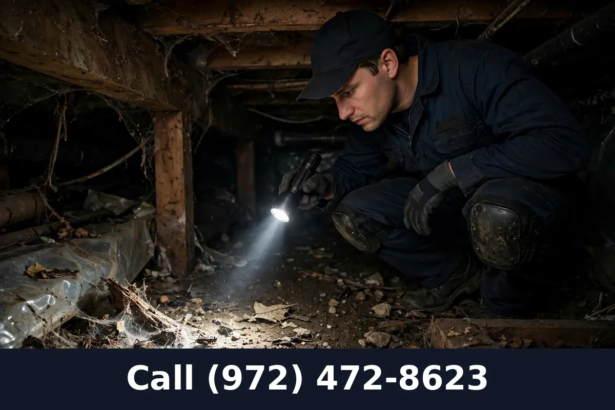 Technician inspecting a dark crawlspace for cricket infestation in Grand Prairie TX