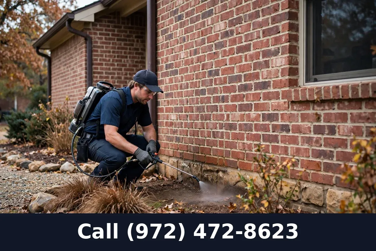 Professional technician treating a home exterior perimeter for fall pests in Grand Prairie TX