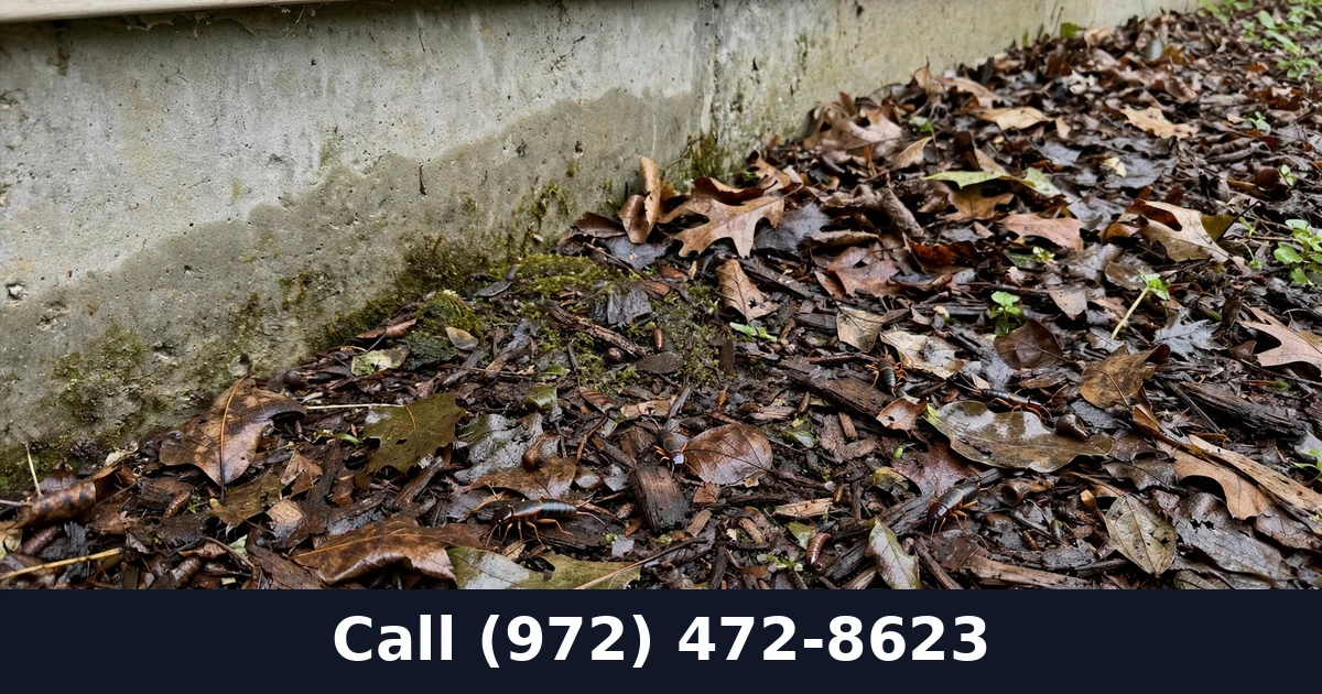 Earwigs hiding in damp mulch beside a Grand Prairie TX home foundation, a common moisture source