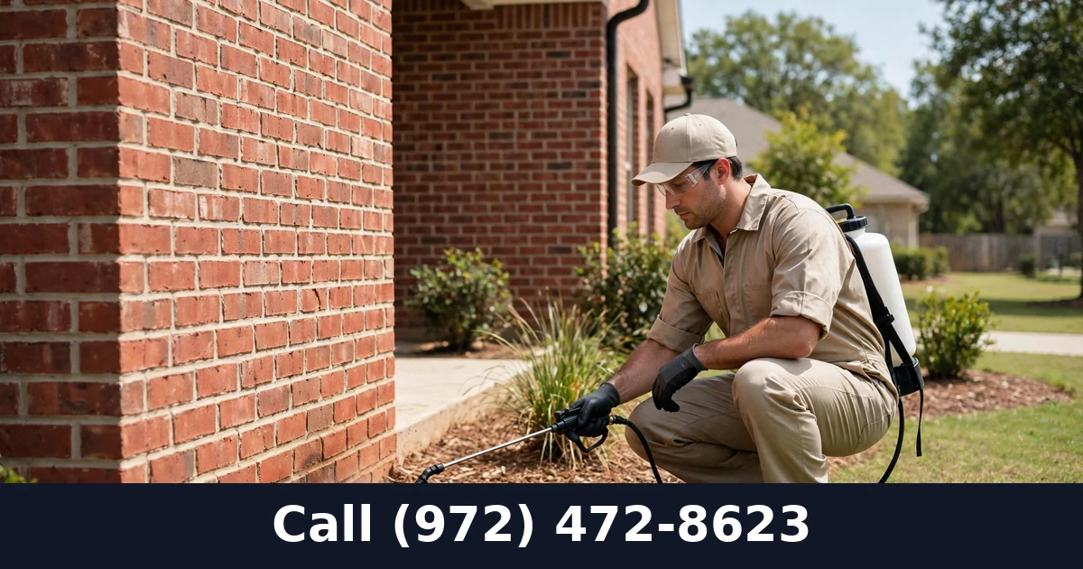 Professional pest technician applying a perimeter earwig treatment around a Grand Prairie TX home