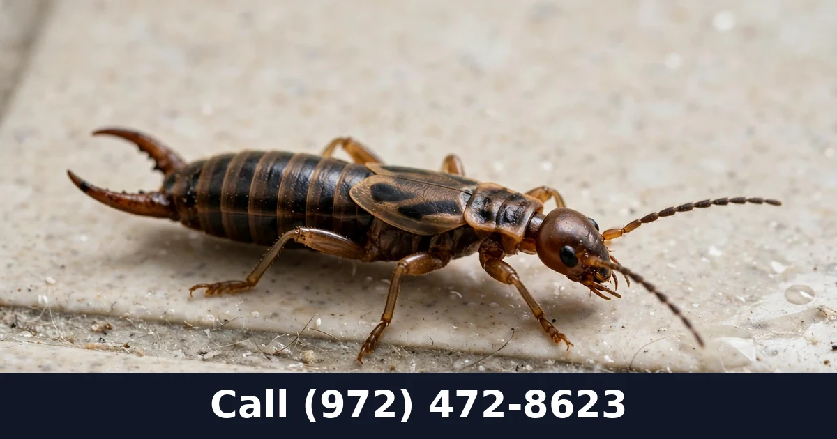 Close view of an earwig with pincers on a bathroom floor in Grand Prairie TX showing warning signs of an infestation