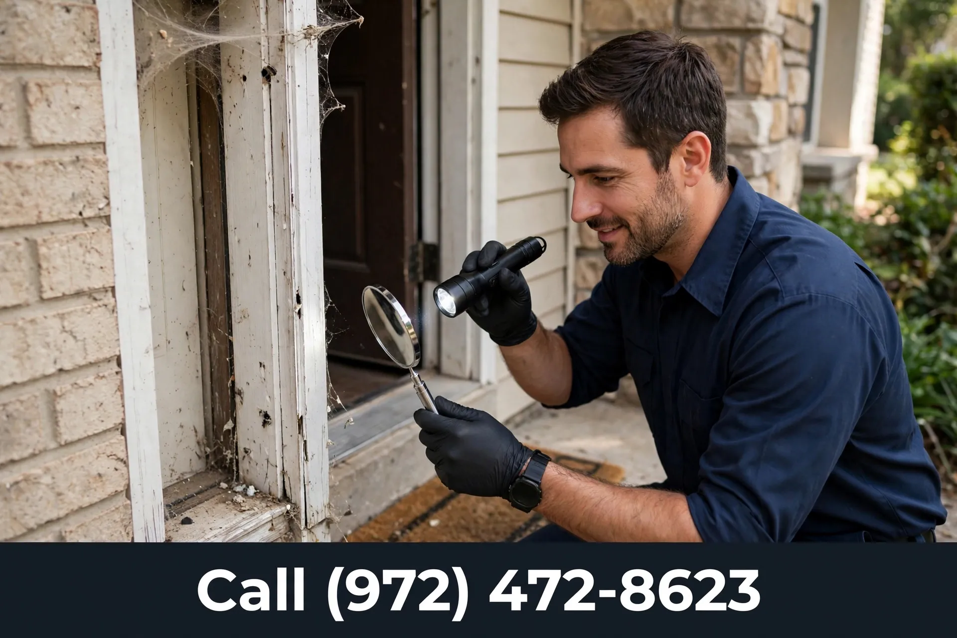 Technician inspecting a home doorway for pest entry points in Grand Prairie TX
