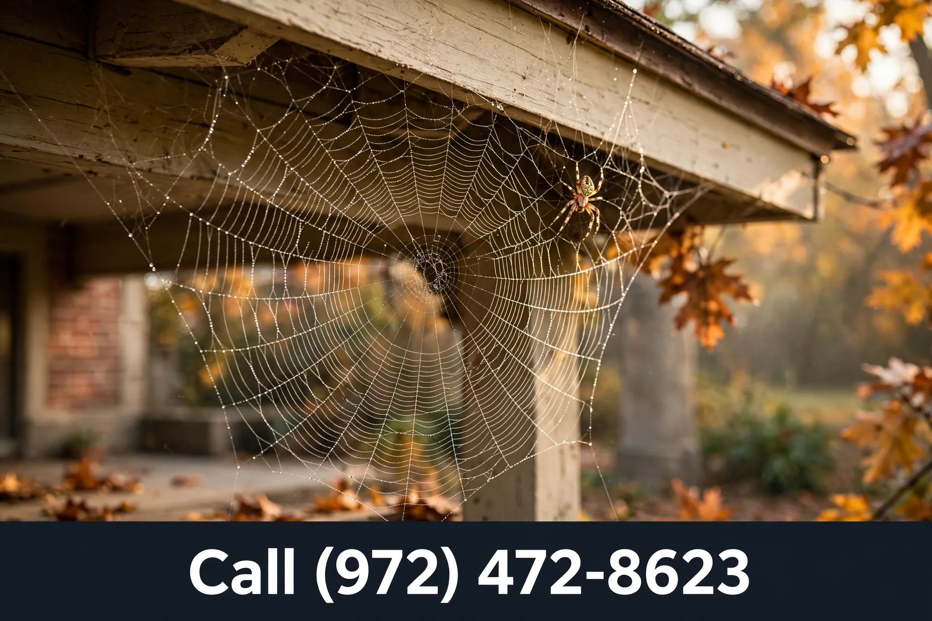 Call (972) 472-8623 — fall spider web on Grand Prairie TX home