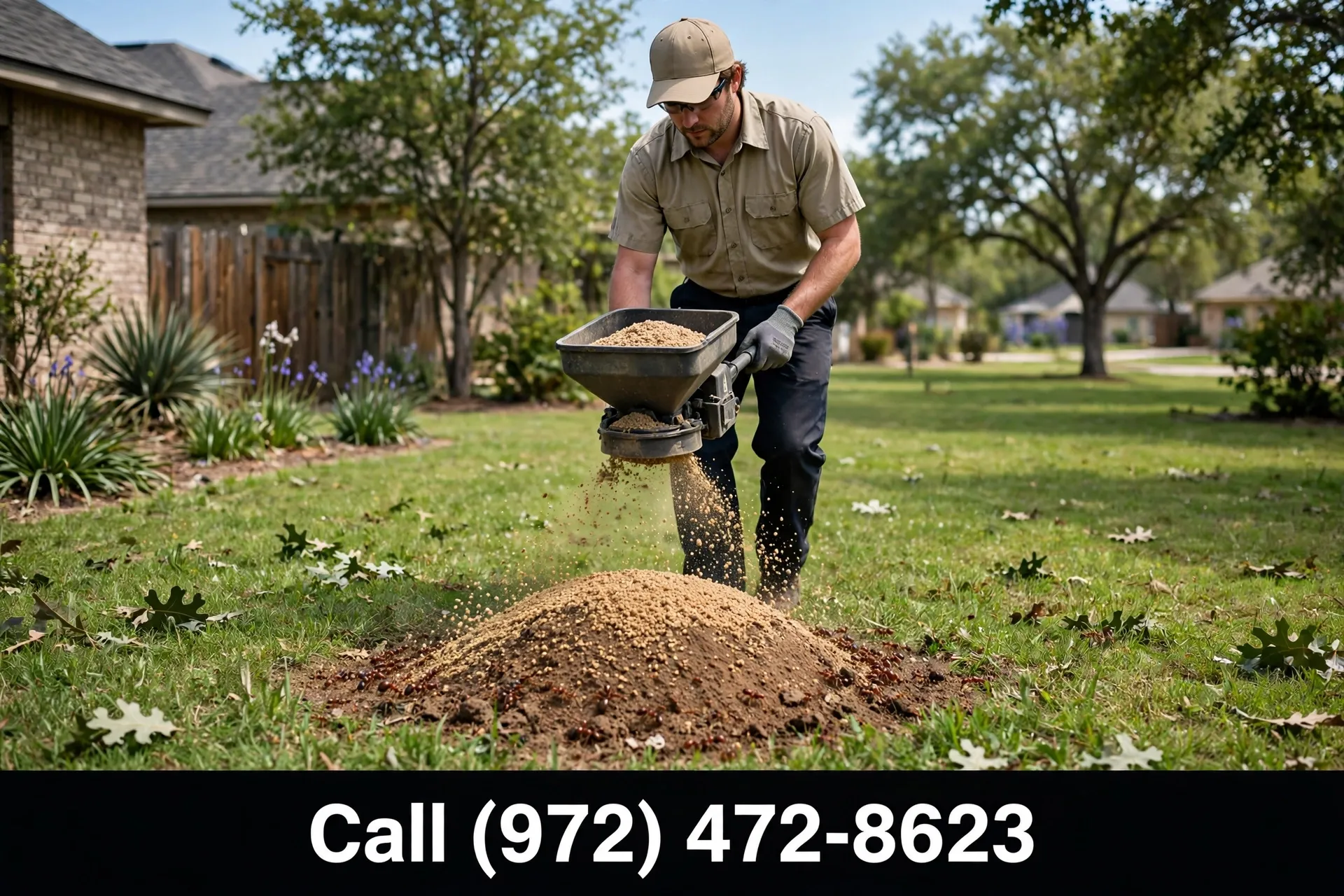 Licensed technician applying professional fire ant bait treatment in Grand Prairie TX