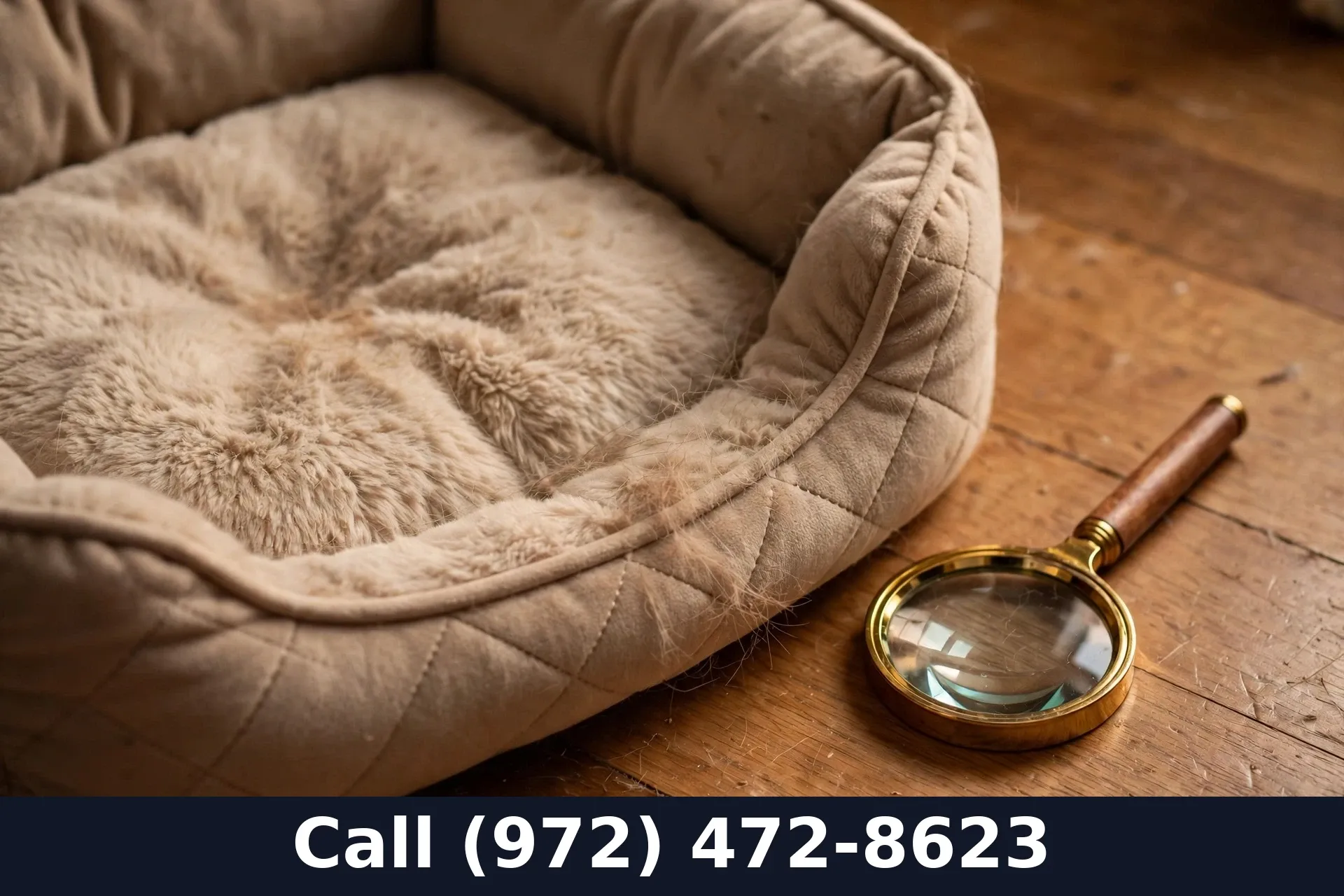 Pet bed inspected with a magnifying glass for flea signs in a Grand Prairie TX home