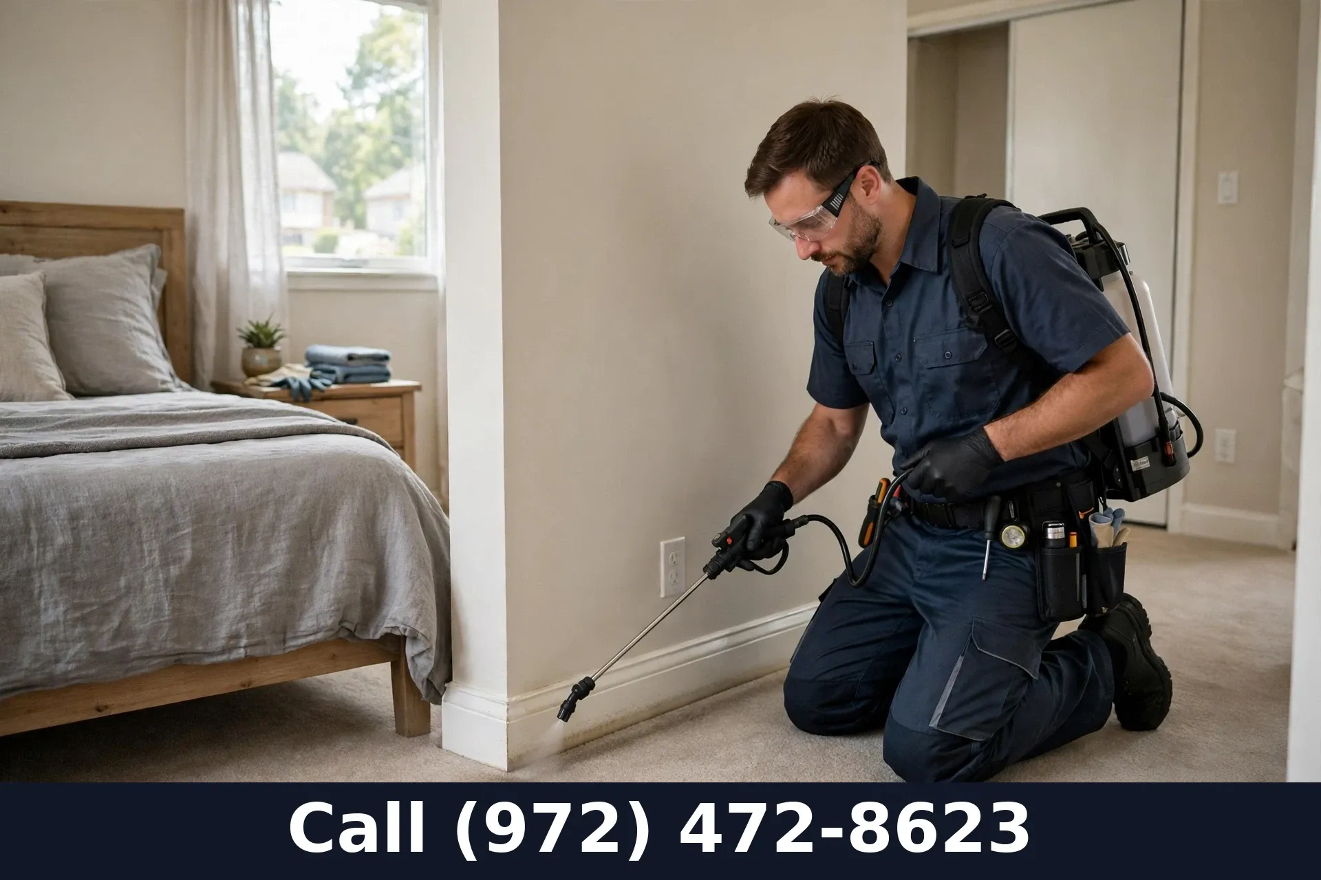 Pest control technician treating carpet along a bedroom baseboard in Grand Prairie TX