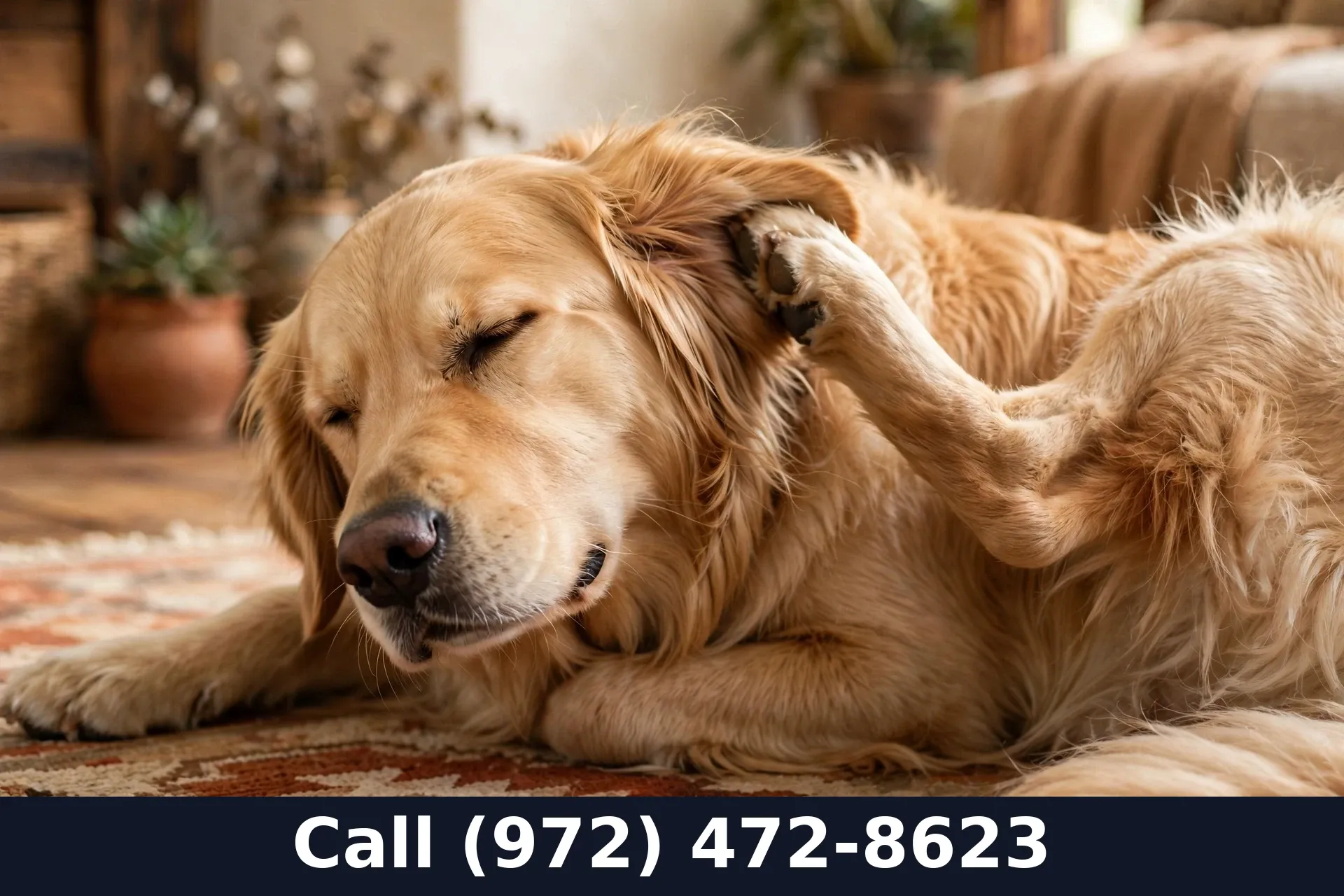 Dog scratching behind its ear on a living room rug in a Grand Prairie TX home
