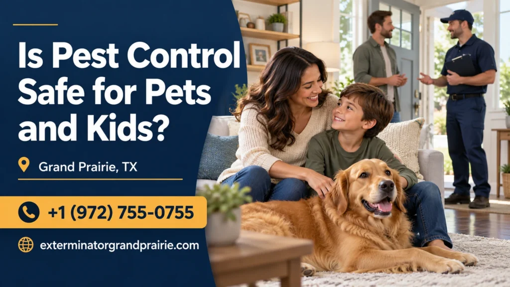 Parent, child and dog at home during a pest control consultation in Grand Prairie, TX.