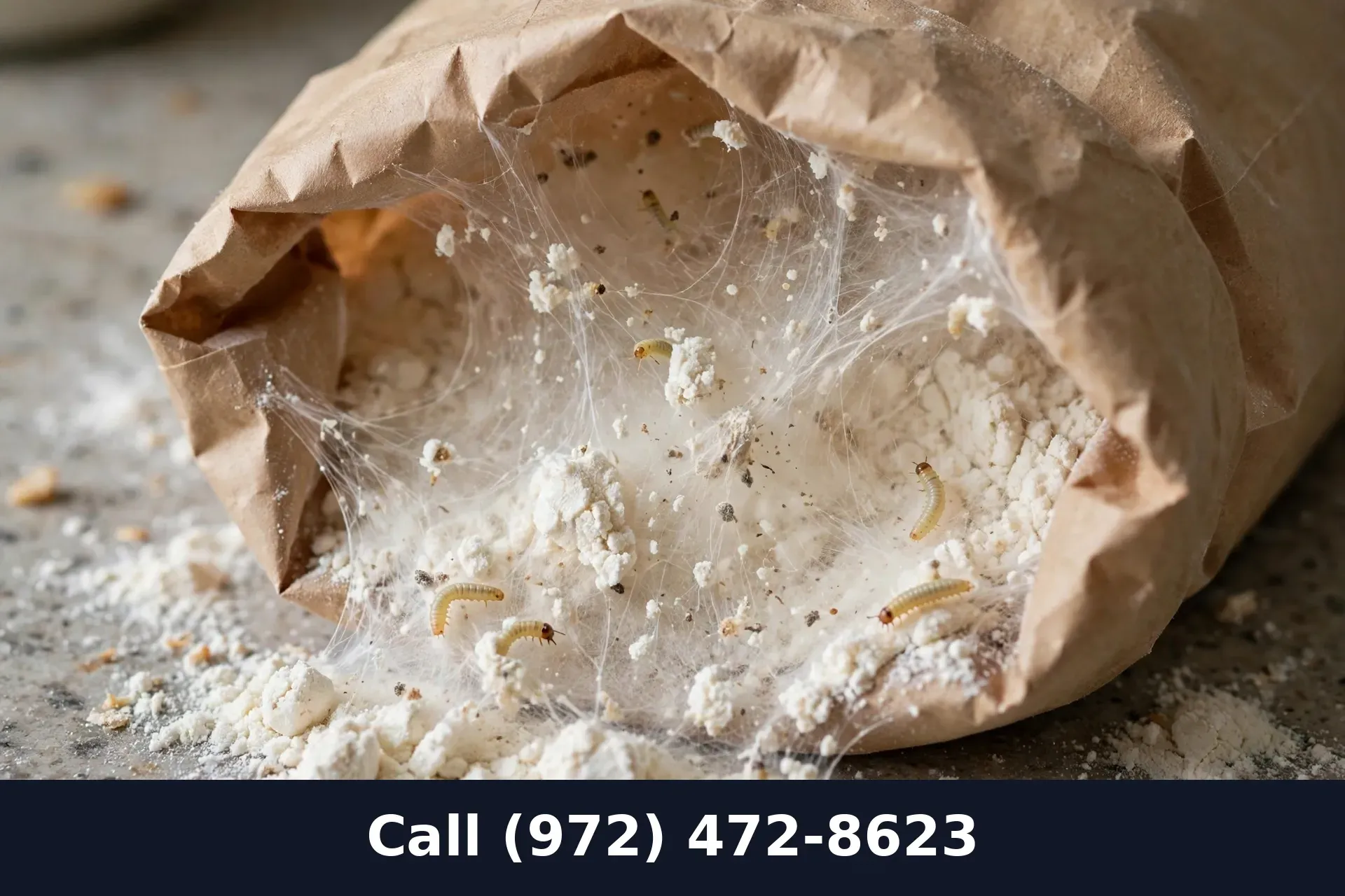 Close inspection of contaminated flour bag with webbing inside a Grand Prairie TX pantry