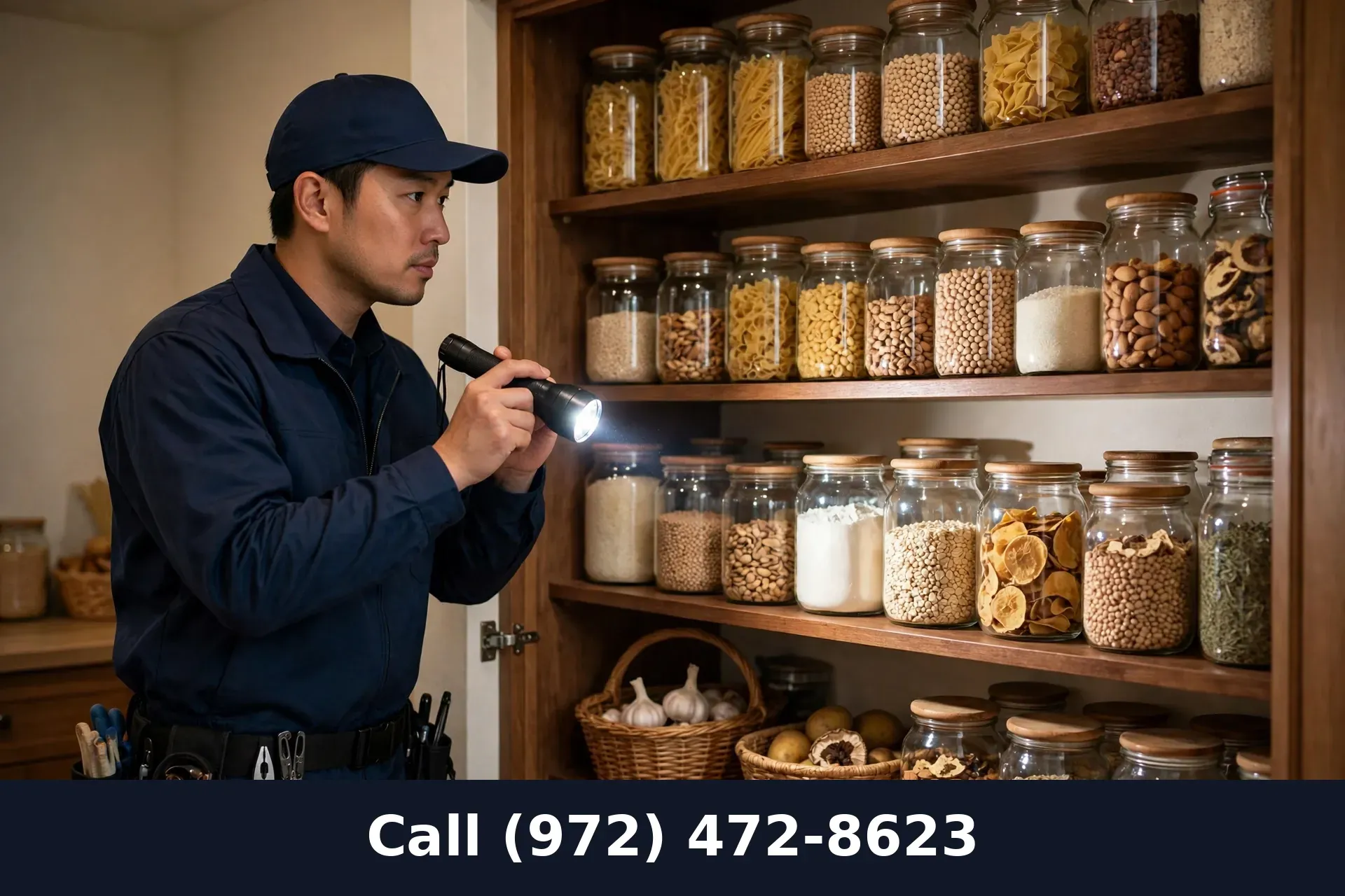 Professional pest technician treating kitchen pantry shelves in a Grand Prairie TX home