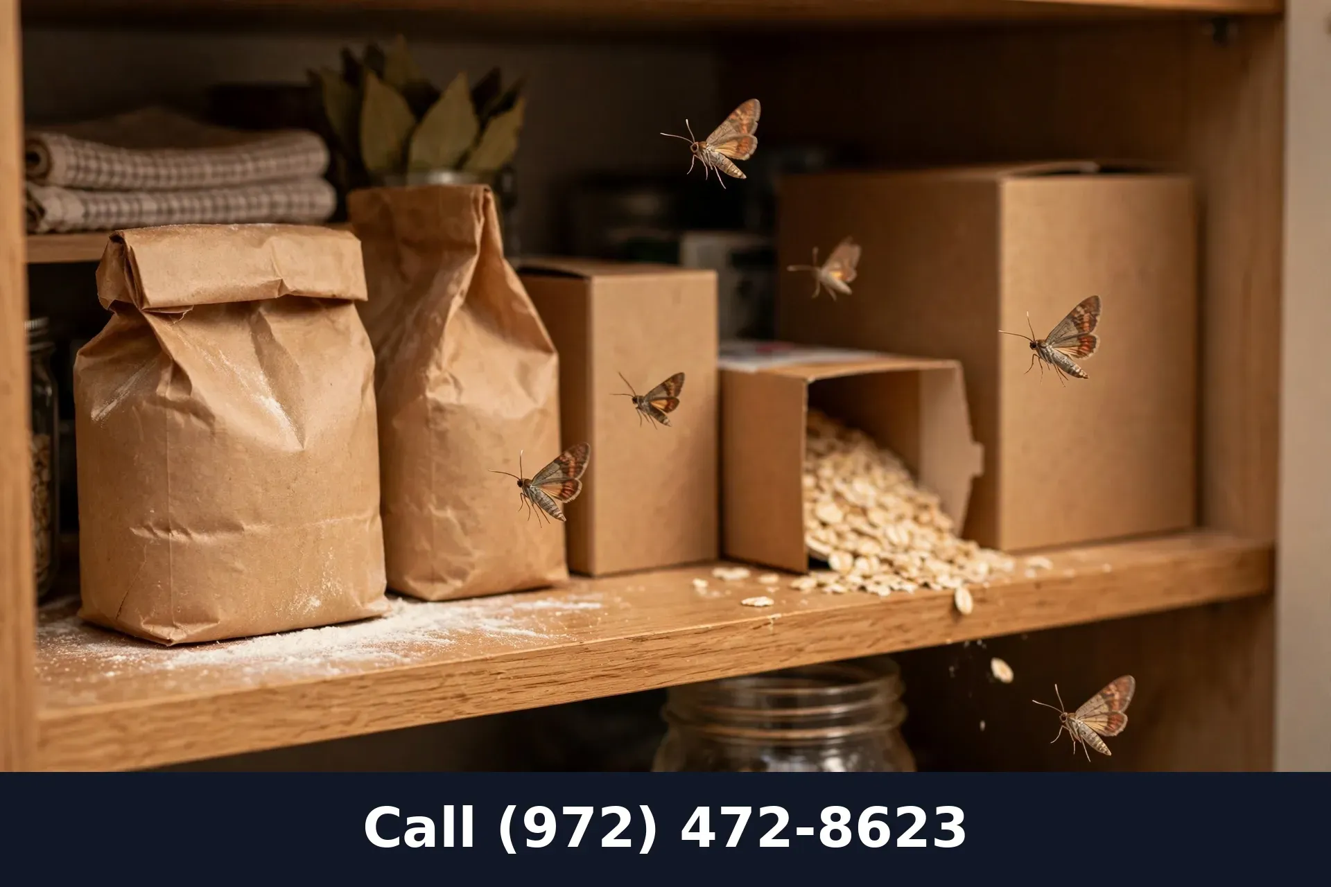 Pantry moth flying near open kitchen pantry shelves with cereal boxes in a Grand Prairie TX home