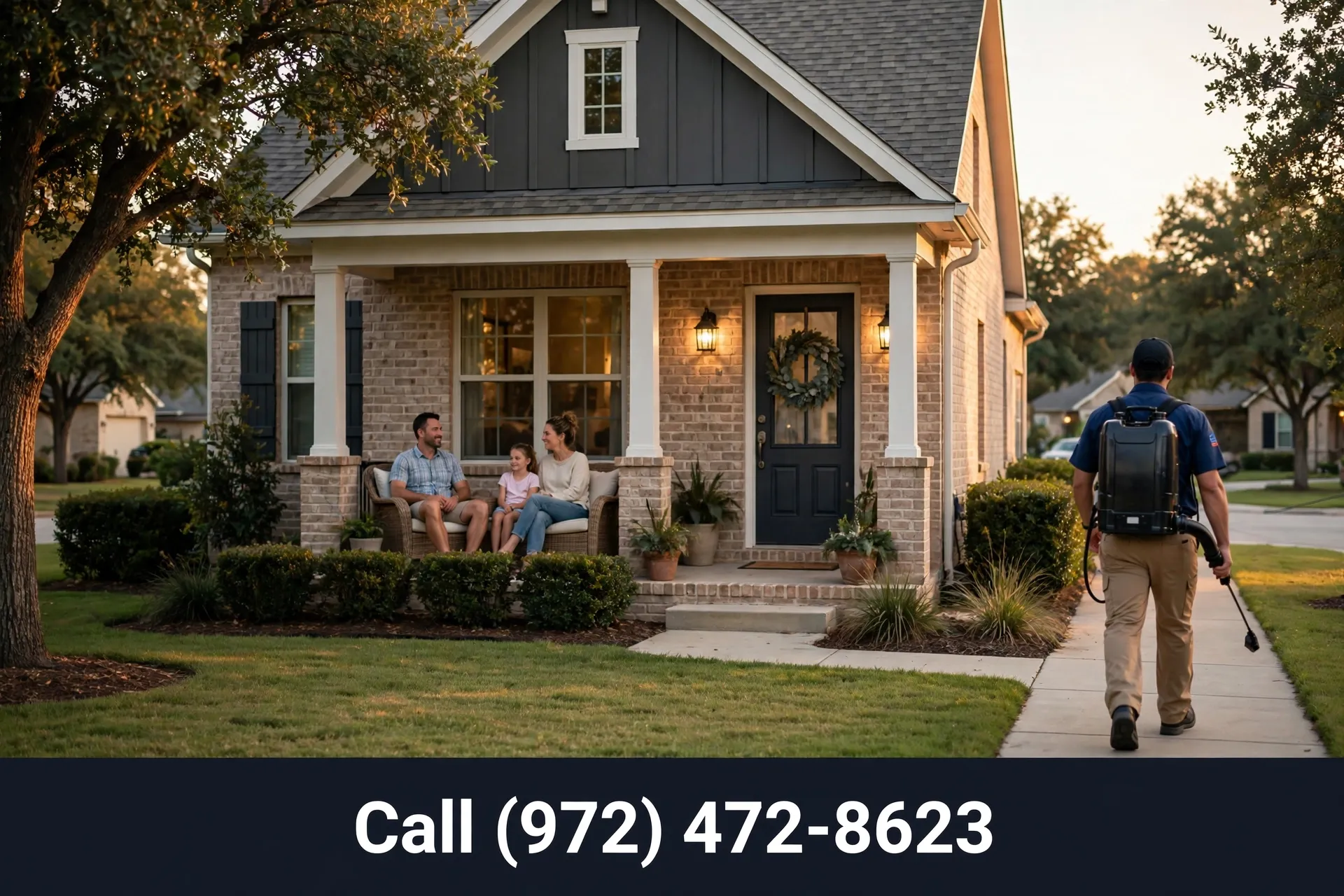 Grand Prairie TX family relaxing on the porch after professional pest treatment