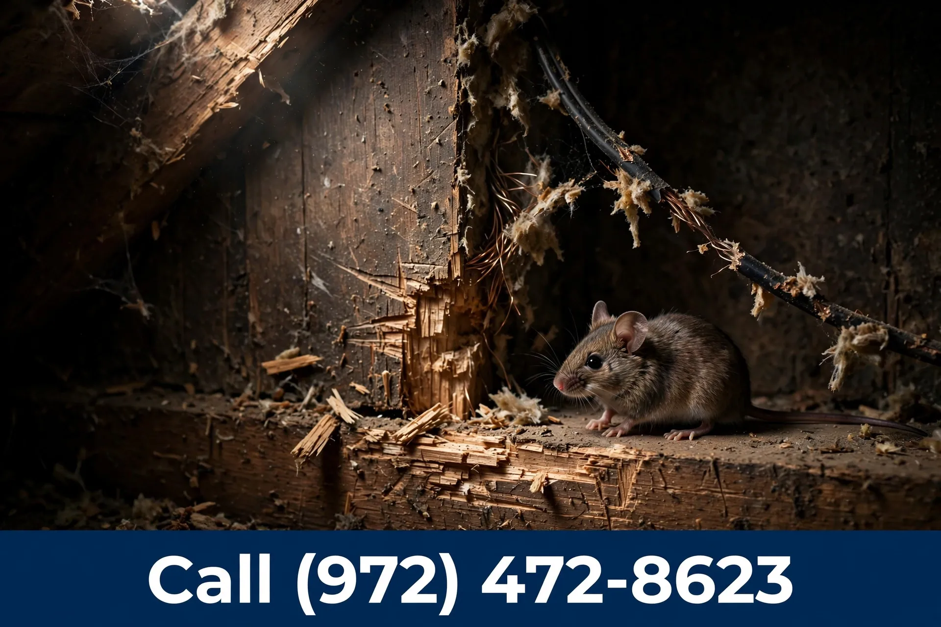 Mouse in an attic with chewed wood and damaged wiring in Grand Prairie TX