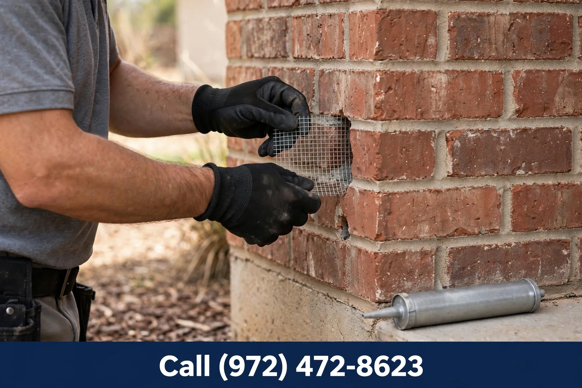 Technician sealing a rodent entry point on a Grand Prairie TX home exterior