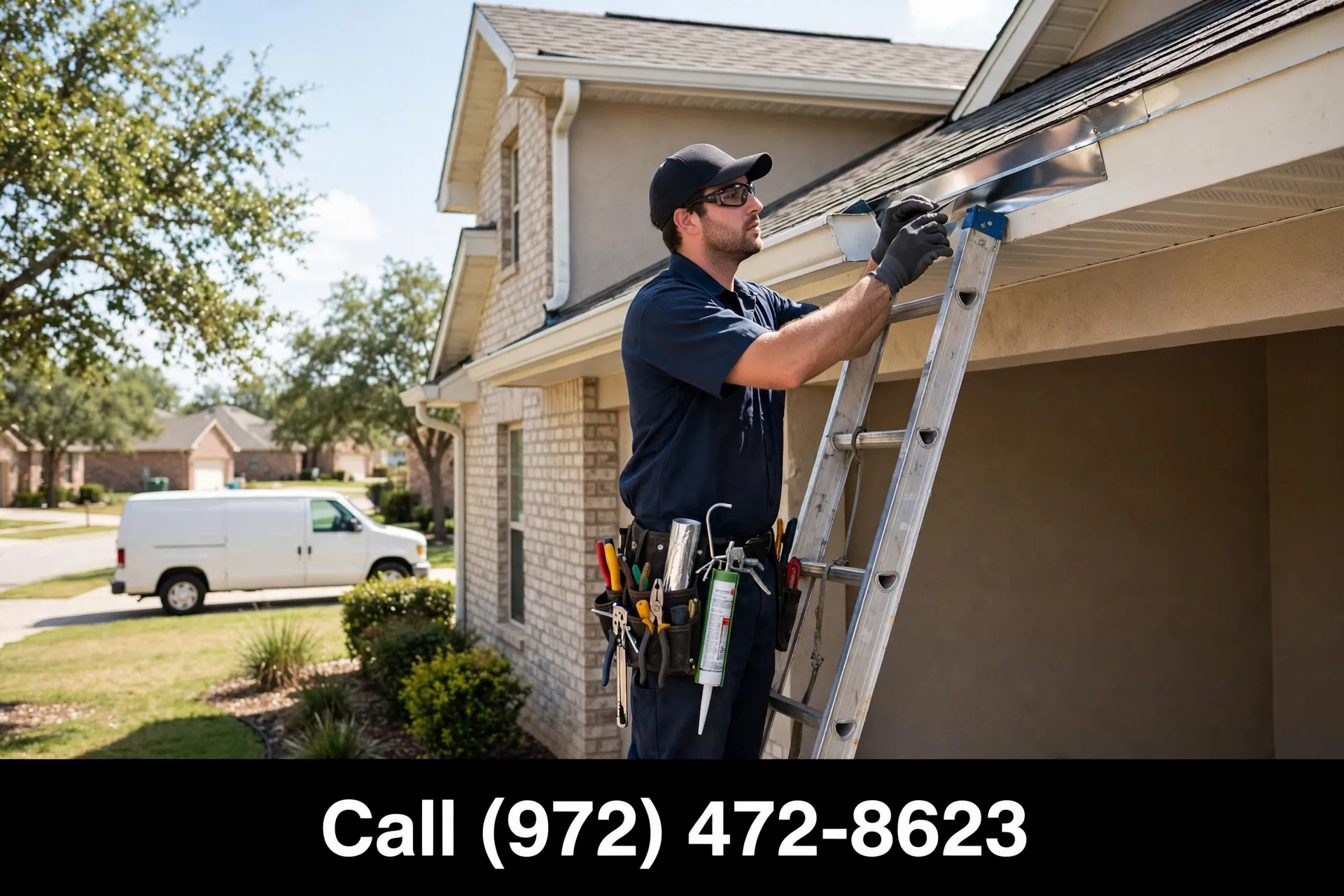 Technician sealing a roofline entry point to block roof rats in Grand Prairie TX