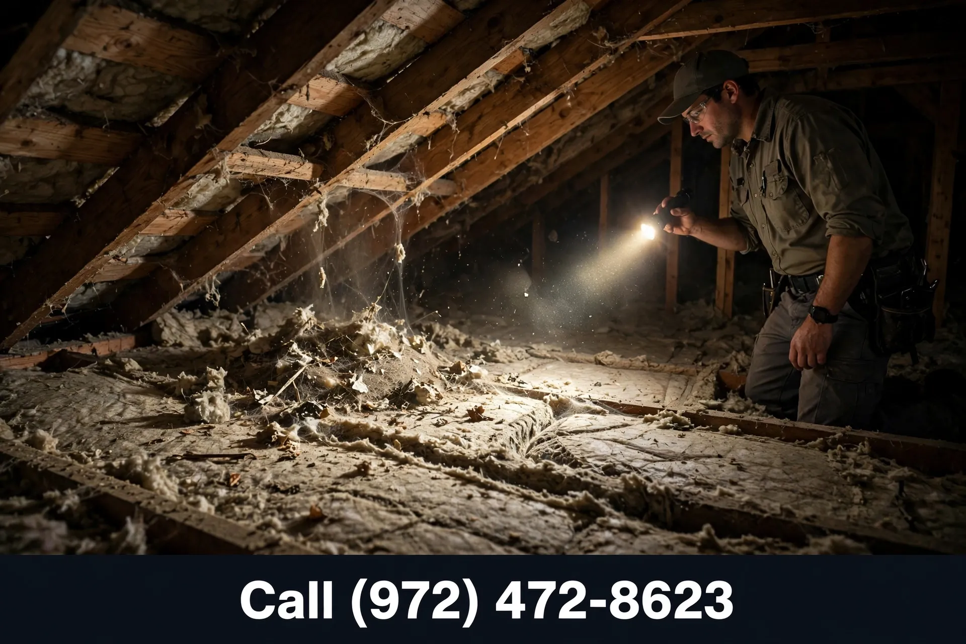 Pest technician inspecting attic insulation for roof rat trails in Grand Prairie TX