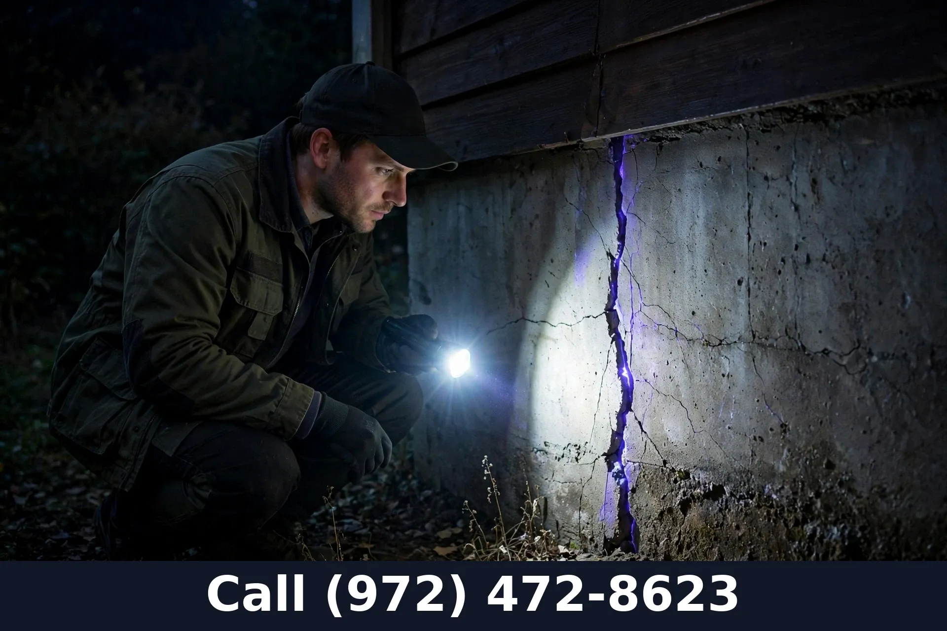 Technician inspecting a home foundation crack with a flashlight for scorpions in Grand Prairie TX