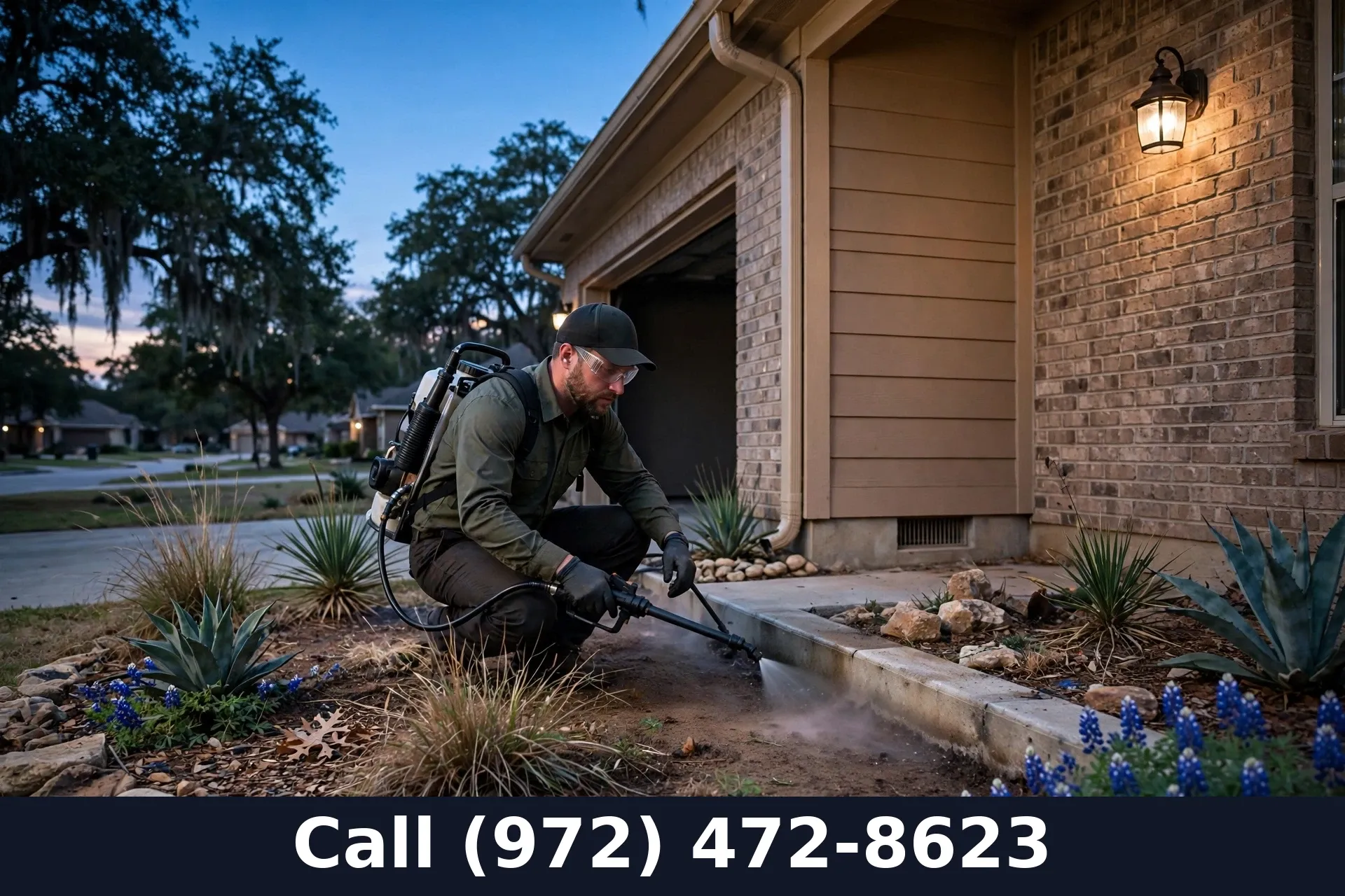 Pest control technician applying a perimeter scorpion barrier around a Grand Prairie TX home