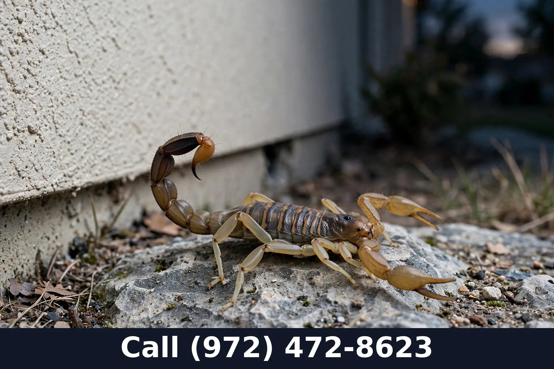 Bark scorpion on a rock at the base of a Grand Prairie TX home at dusk