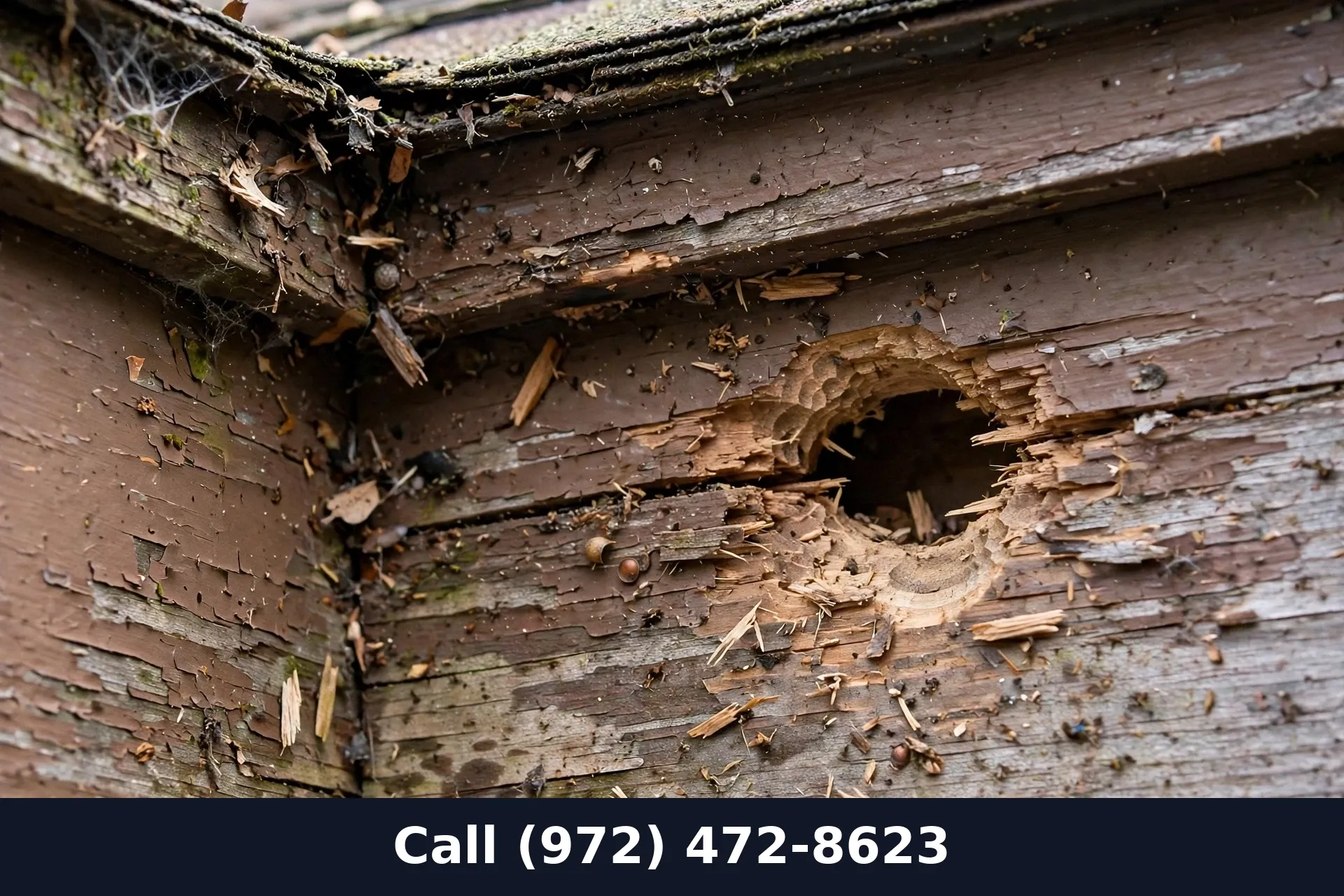 Squirrel chew hole in roof fascia wood showing entry point damage on a Grand Prairie TX home