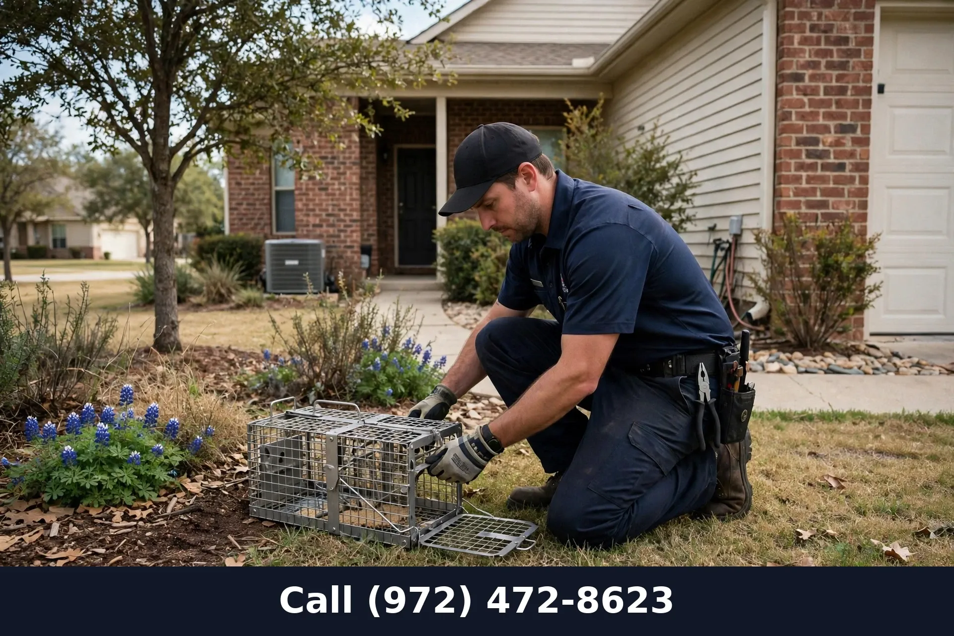 Professional pest technician setting a humane live squirrel trap outside a Grand Prairie TX home