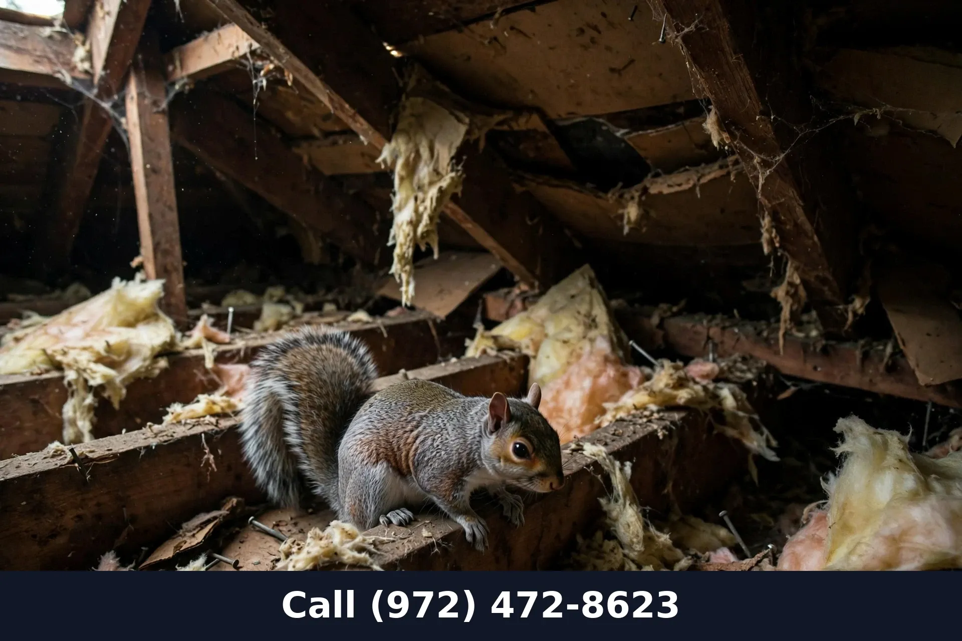 Gray squirrel inside a Grand Prairie TX attic near disturbed insulation showing warning signs of an infestation