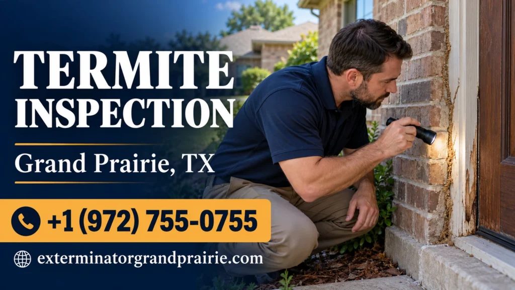 Technician inspecting termite mud tubes beside a brick foundation, with Grand Prairie, TX service contact details.