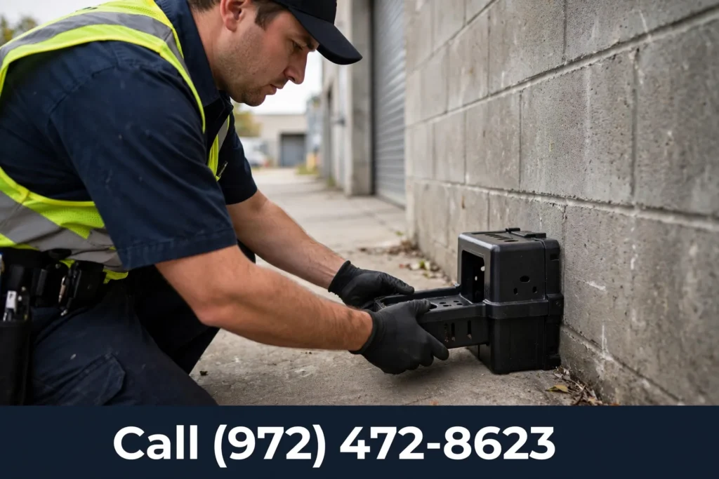 Call (972) 472-8623 — commercial rodent bait station placement Grand Prairie TX