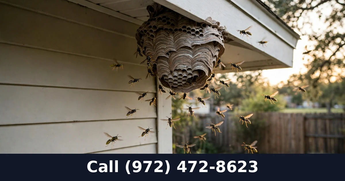Wasps swarming around an active nest on a Grand Prairie TX home, a serious sting hazard