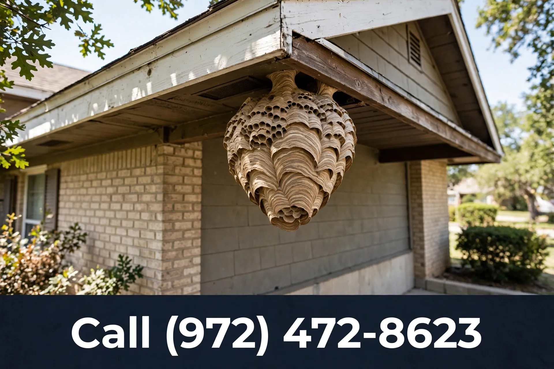 Call (972) 472-8623 — wasp nest under eave Grand Prairie TX