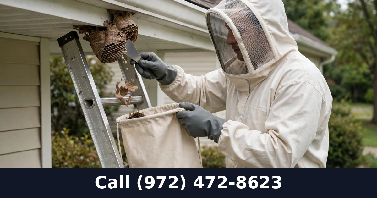 Professional pest technician in a protective veil suit removing a wasp nest from Grand Prairie TX home eaves