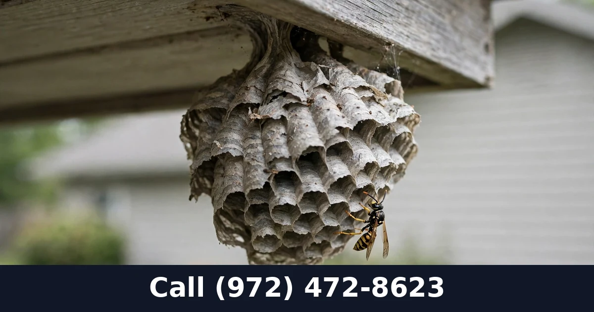 Large paper wasp nest under home eaves in Grand Prairie TX showing warning signs of an active nest