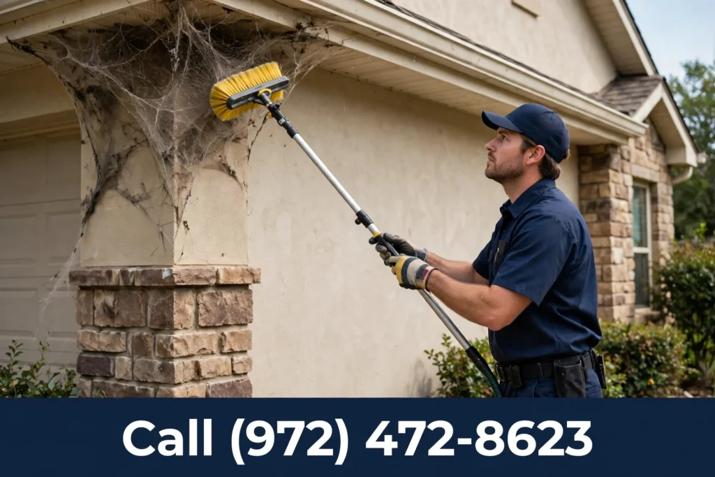 Call (972) 472-8623 — professional spider web removal Grand Prairie TX