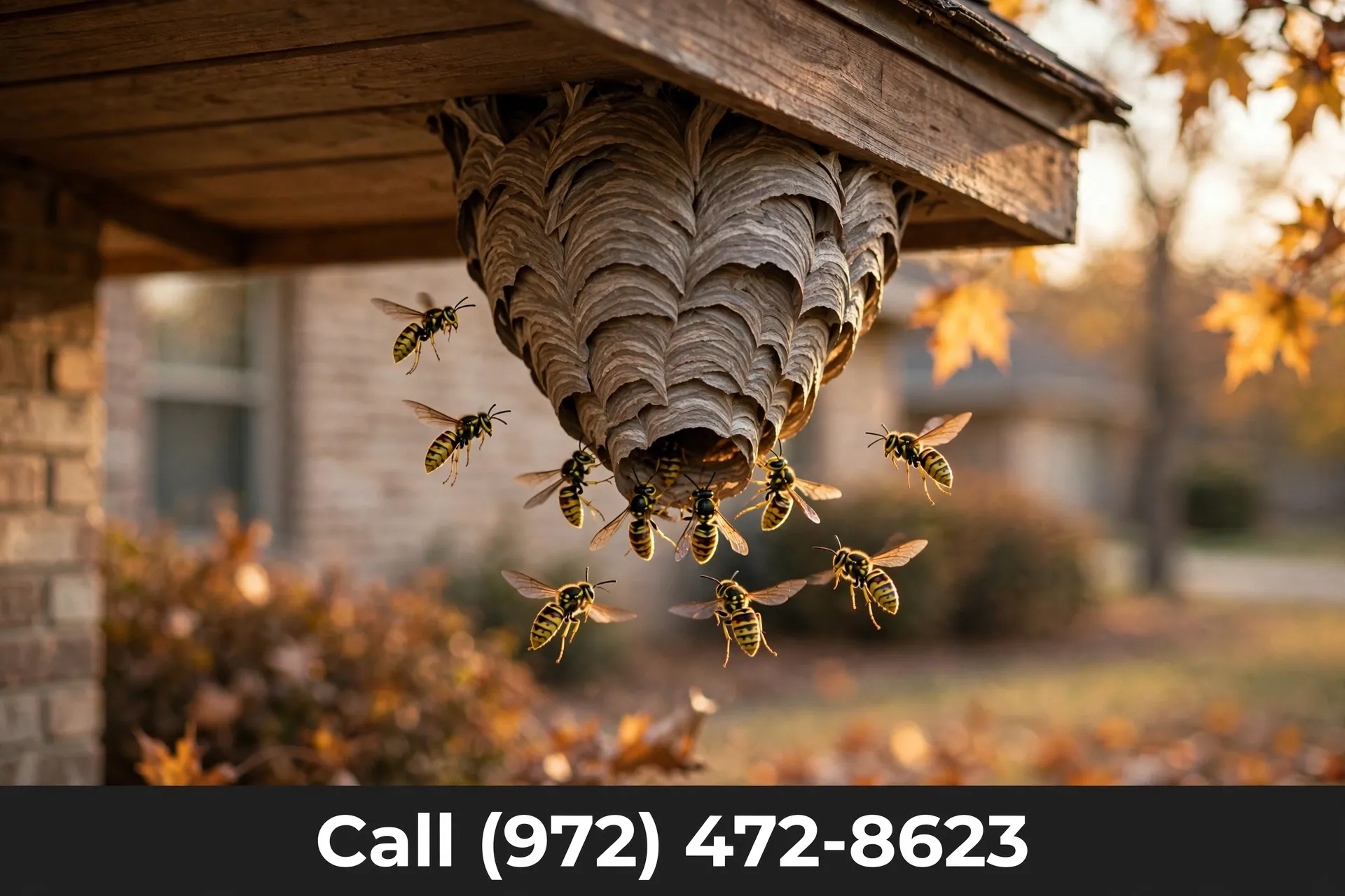 Large yellowjacket nest hanging under a home eave in Grand Prairie TX