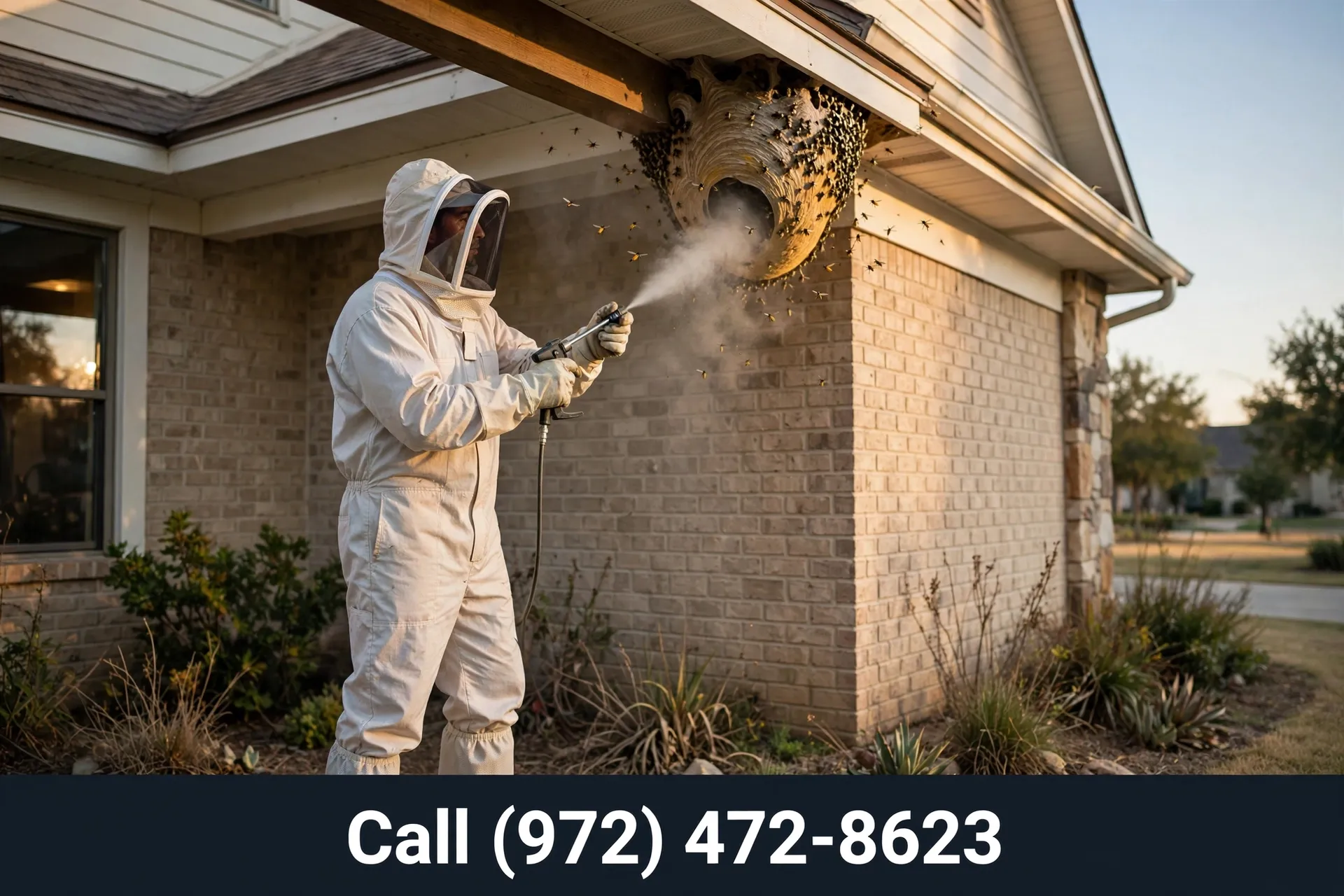 Licensed technician in protective suit treating a yellowjacket nest in Grand Prairie TX